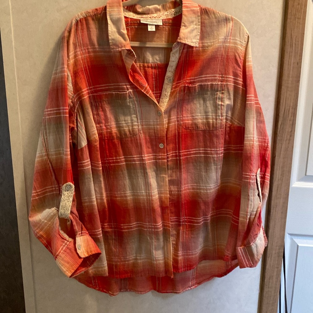 Long sleeve plaid orange and tan button down blouse from dress barn, size 2x
